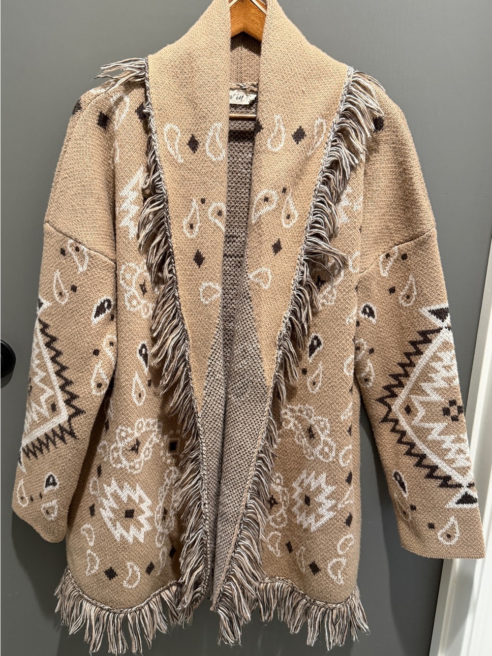Beige Aztec Fringe Open-Front Knit Cardigan